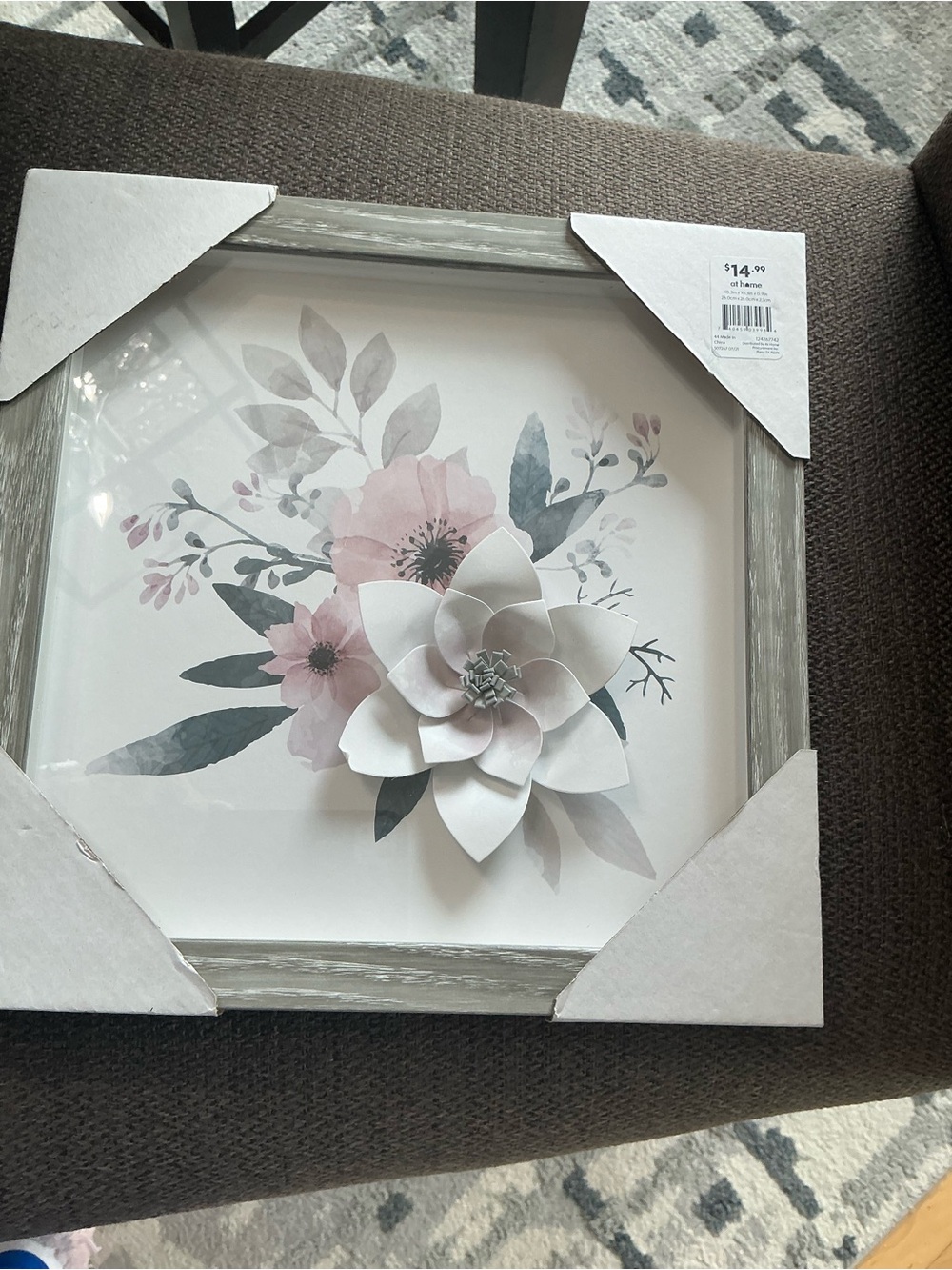 3D Floral Wall Art Picture Frame in White and Pink with gray frame